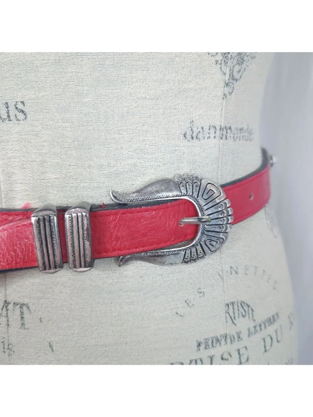 Vintage 90s Red Western Belt Small Streets Ahead Leather Silver